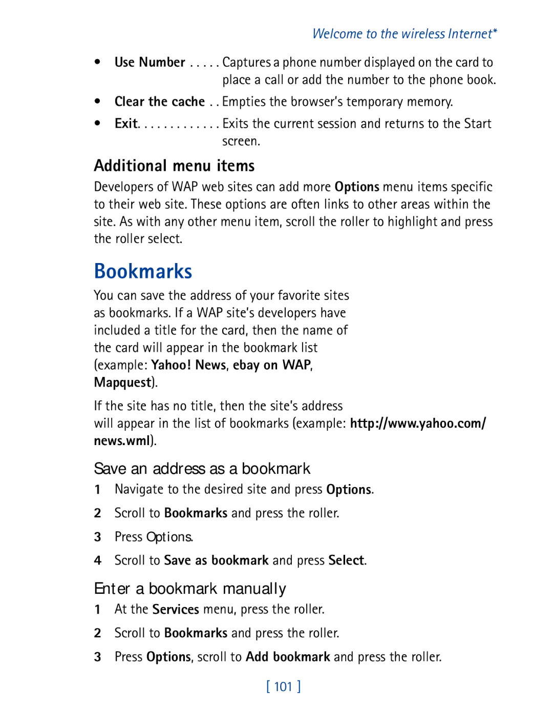 Nokia 7190 Bookmarks, Additional menu items, Save an address as a bookmark, Enter a bookmark manually 