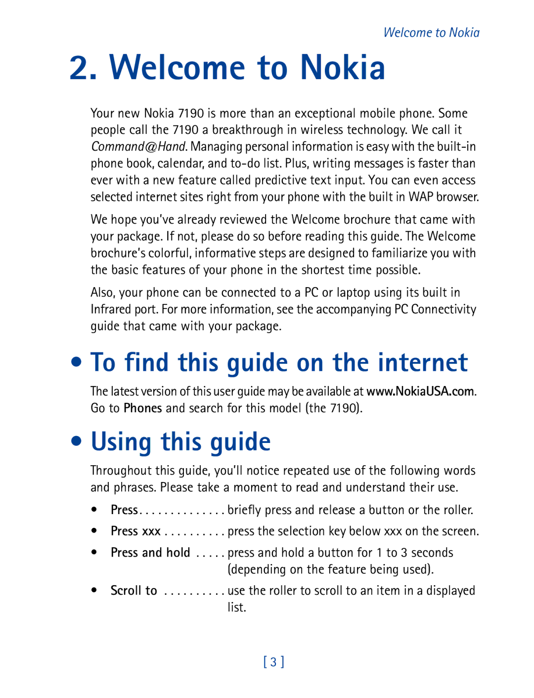 Nokia 7190 manual Welcome to Nokia, To find this guide on the internet Using this guide 