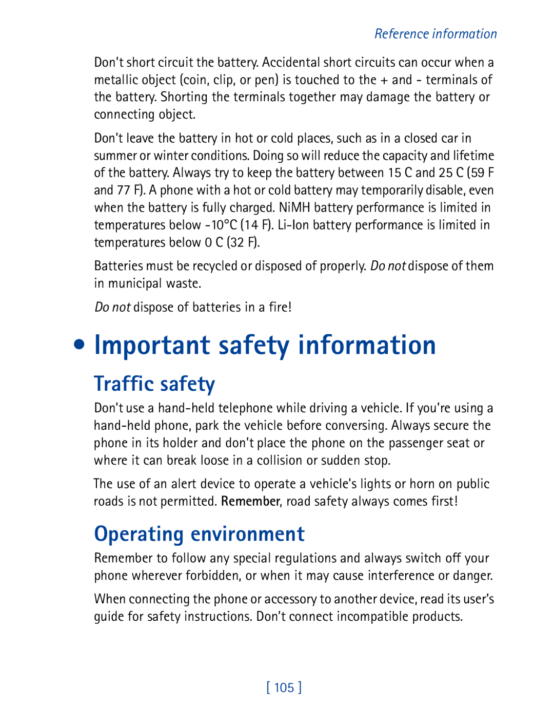 Nokia 7190 manual Important safety information, Traffic safety, Operating environment 