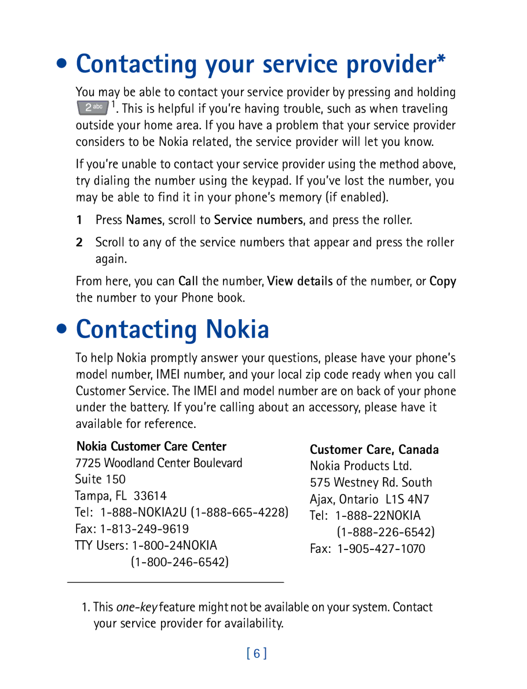 Nokia 7190 manual Contacting your service provider, Contacting Nokia, Nokia Customer Care Center 