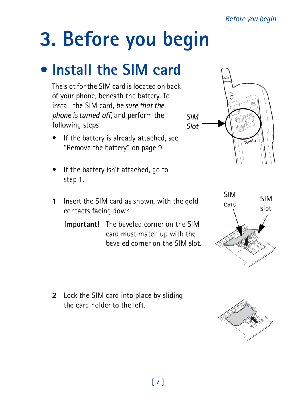 Nokia 7190 manual Install the SIM card, Following steps, Card Slot 