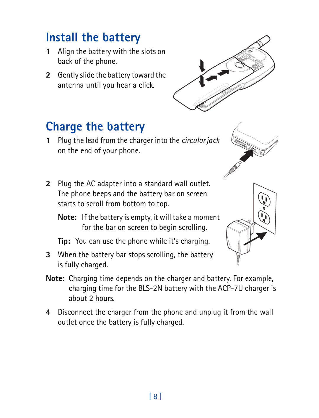 Nokia 7190 manual Install the battery, Charge the battery, Align the battery with the slots on back of the phone 