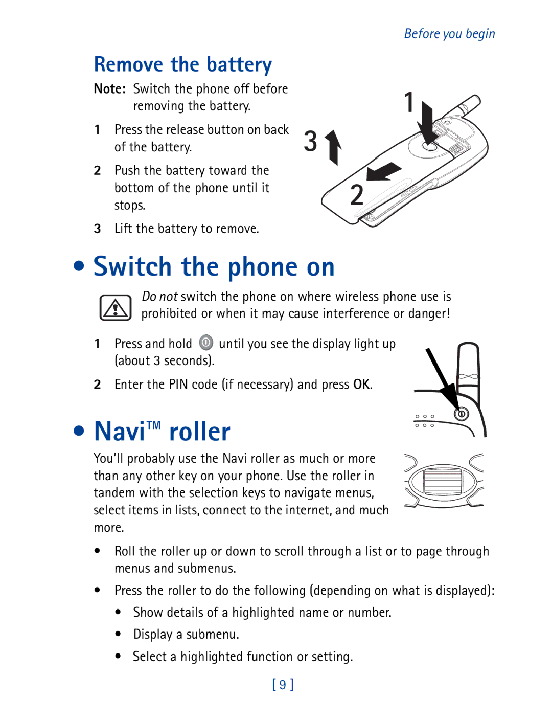 Nokia 7190 manual Switch the phone on, Navi roller, Remove the battery 