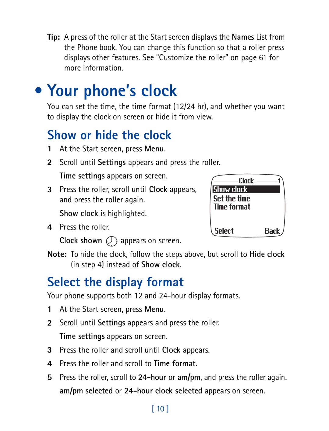 Nokia 7190 manual Your phone’s clock, Show or hide the clock, Select the display format, At the Start screen, press Menu 