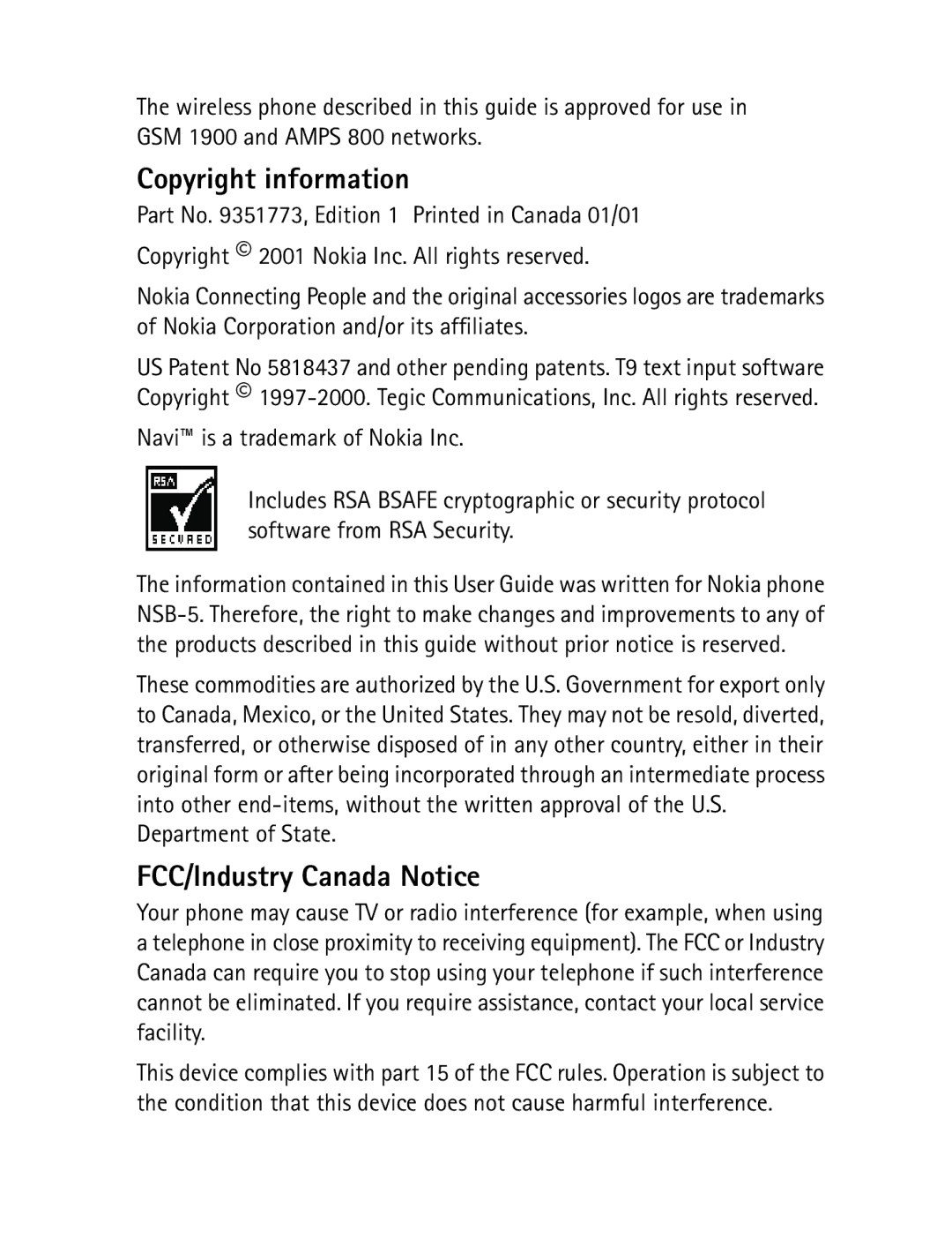 Nokia 7190 manual Copyright information, FCC/Industry Canada Notice, Department of State 