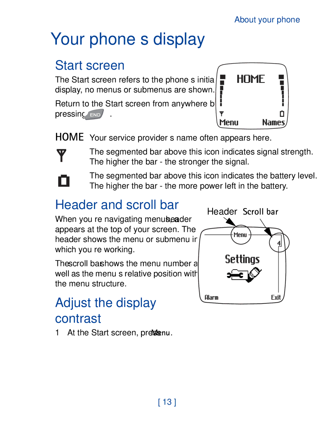 Nokia 7190 manual Your phone’s display, Start screen, Header and scroll bar 