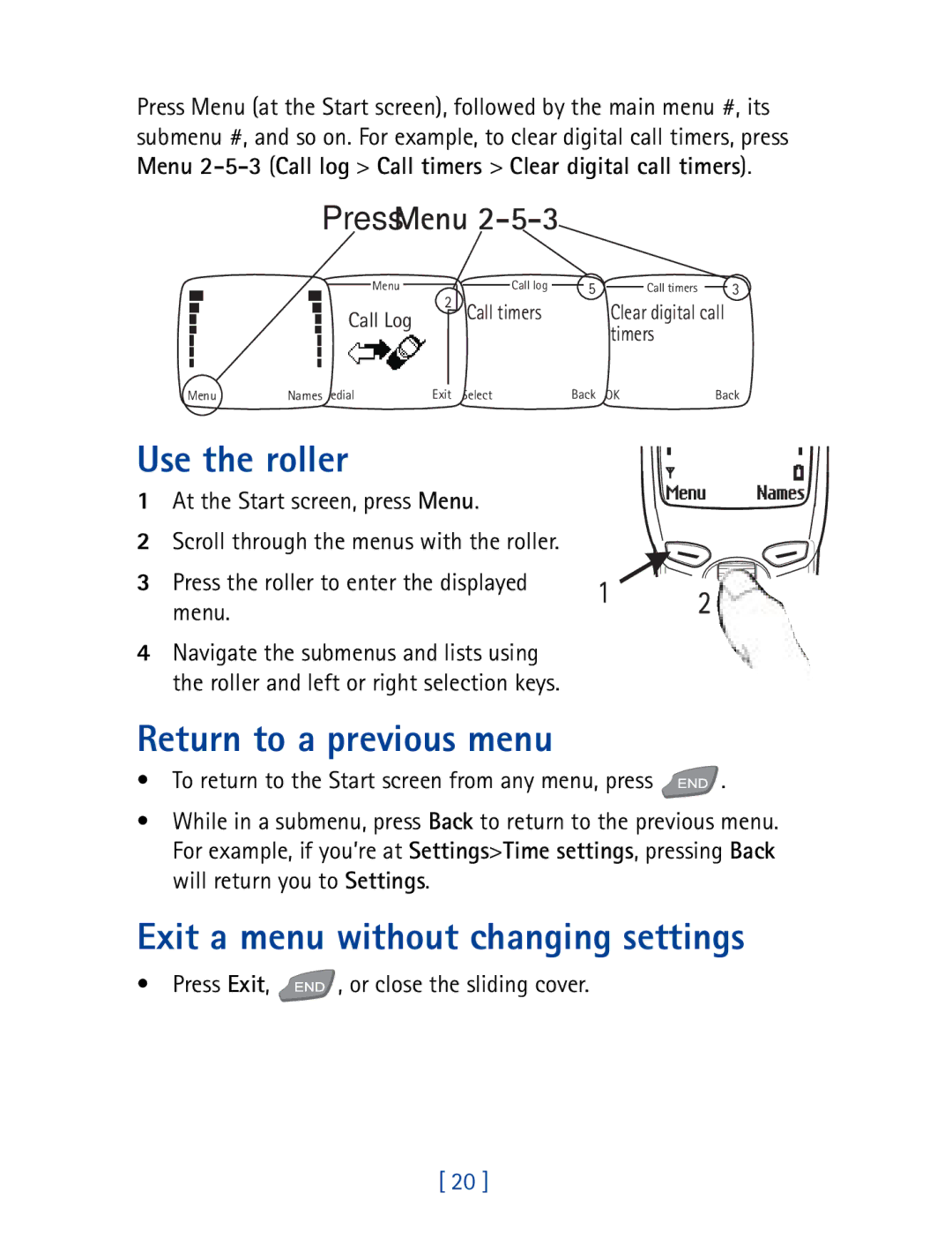 Nokia 7190 manual Use the roller, Return to a previous menu, Exit a menu without changing settings 