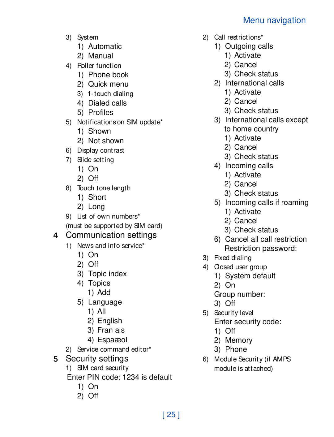 Nokia 7190 manual Communication settings, Security settings 