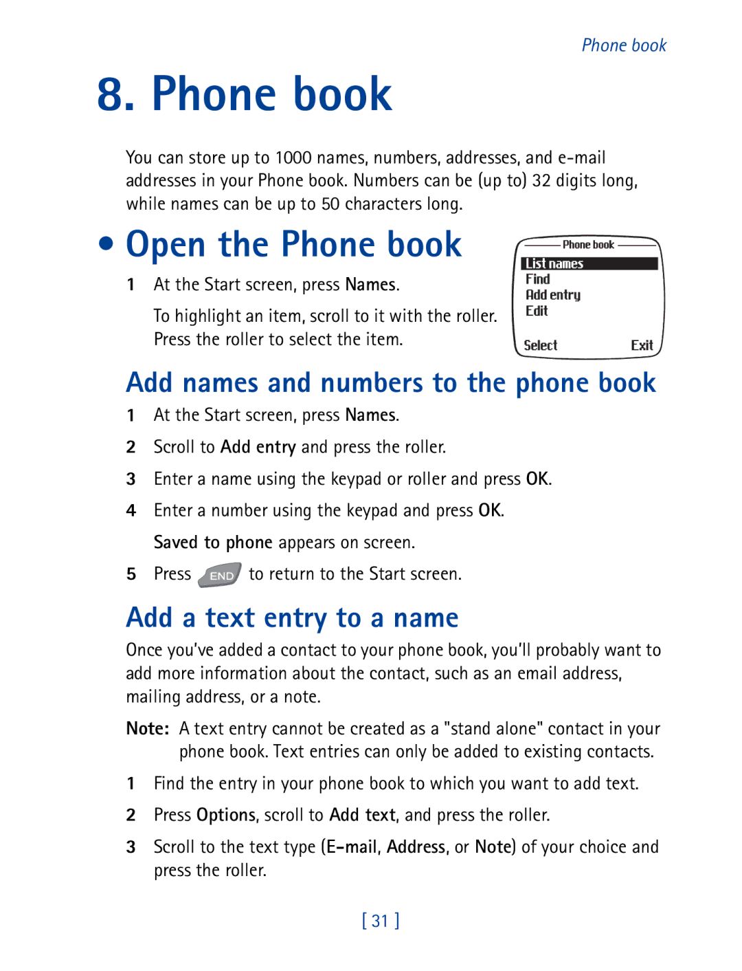 Nokia 7190 manual Open the Phone book, Add a text entry to a name, Press to return to the Start screen 