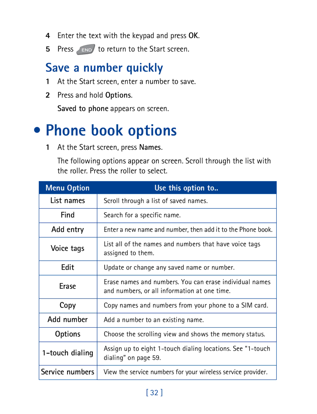 Nokia 7190 manual Phone book options, Save a number quickly 