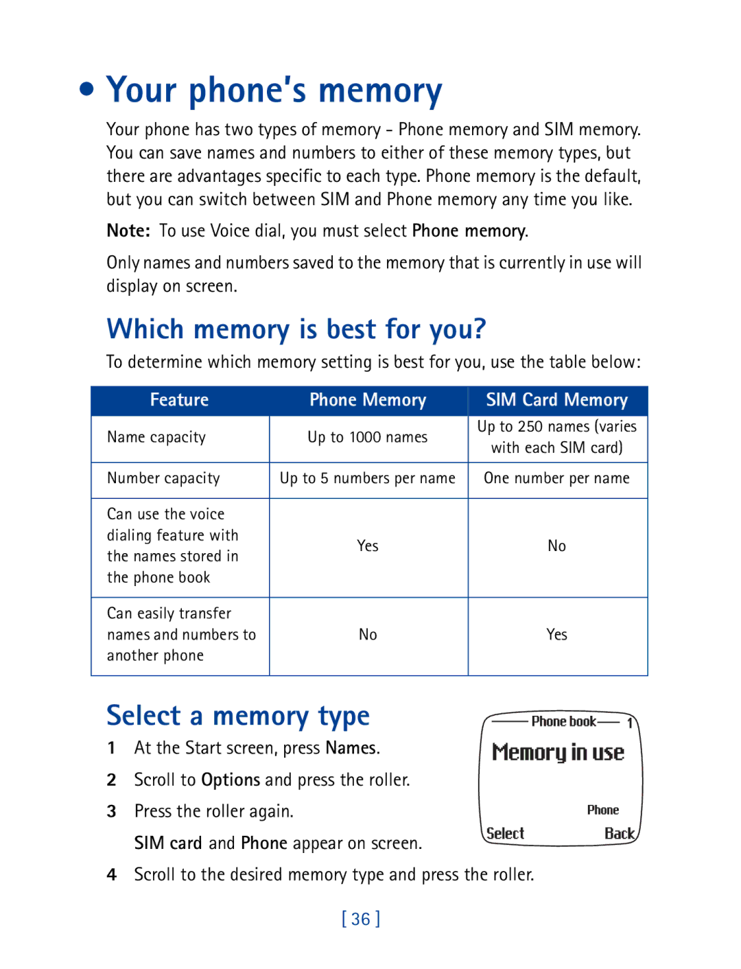 Nokia 7190 manual Your phone’s memory, Which memory is best for you?, Select a memory type 