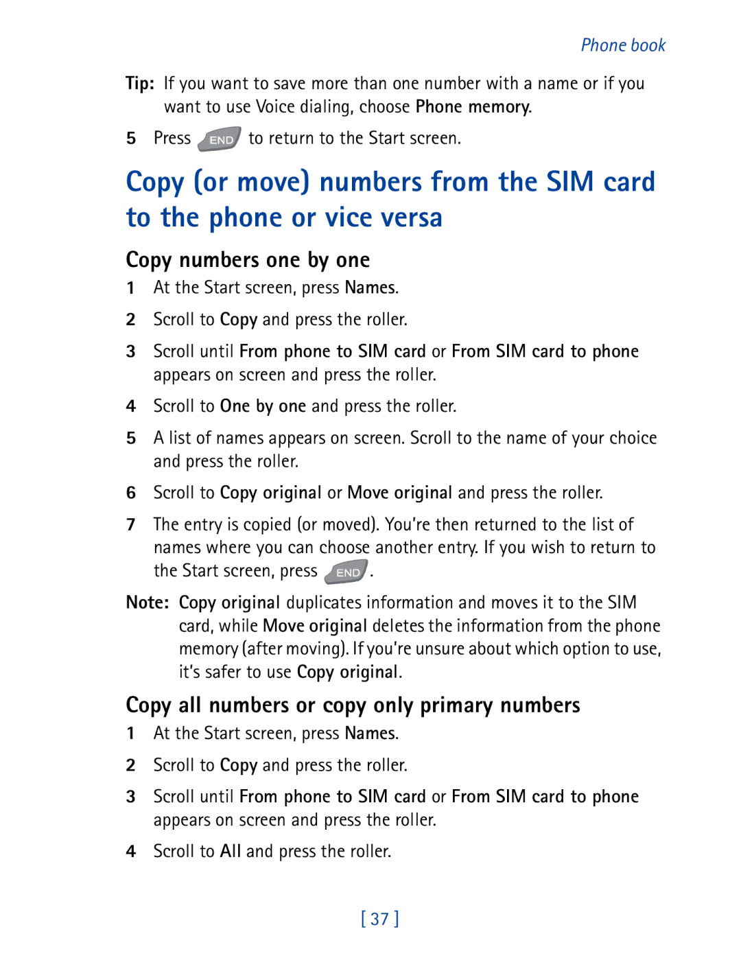 Nokia 7190 Copy numbers one by one, Copy all numbers or copy only primary numbers, Scroll to All and press the roller 