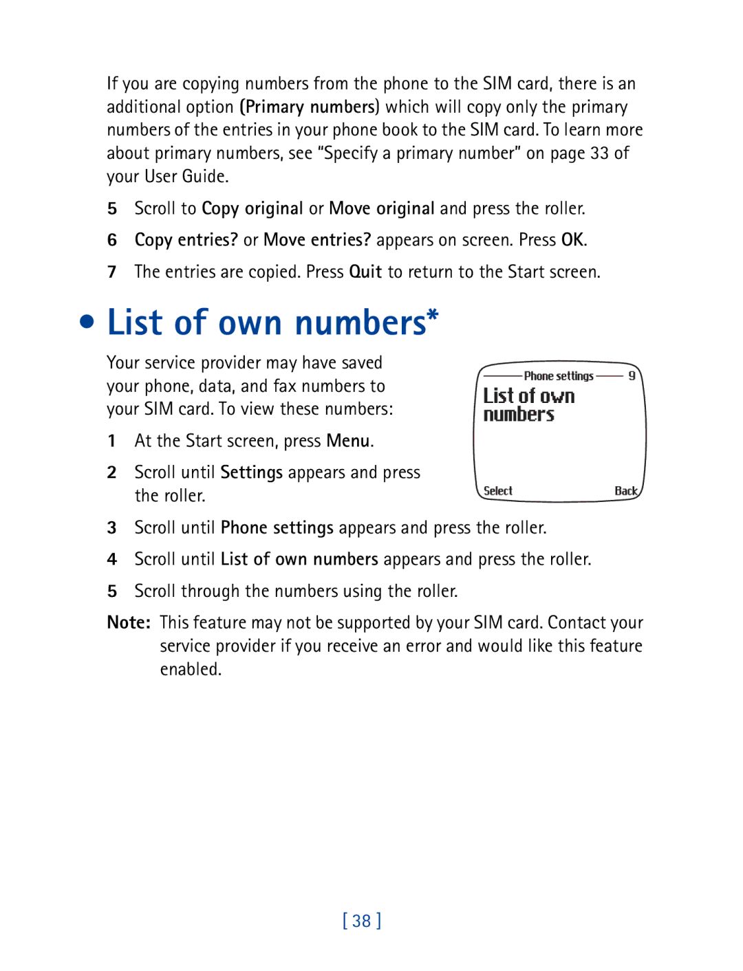 Nokia 7190 manual List of own numbers, Copy entries? or Move entries? appears on screen. Press OK 