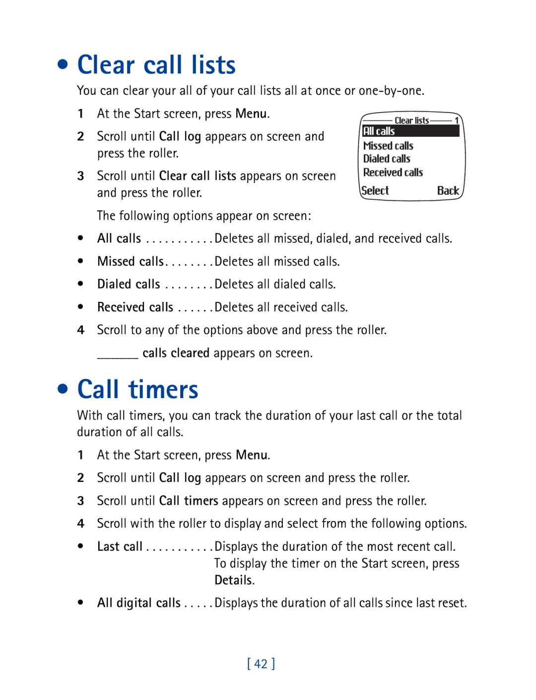 Nokia 7190 manual Clear call lists, Call timers, Calls cleared appears on screen 