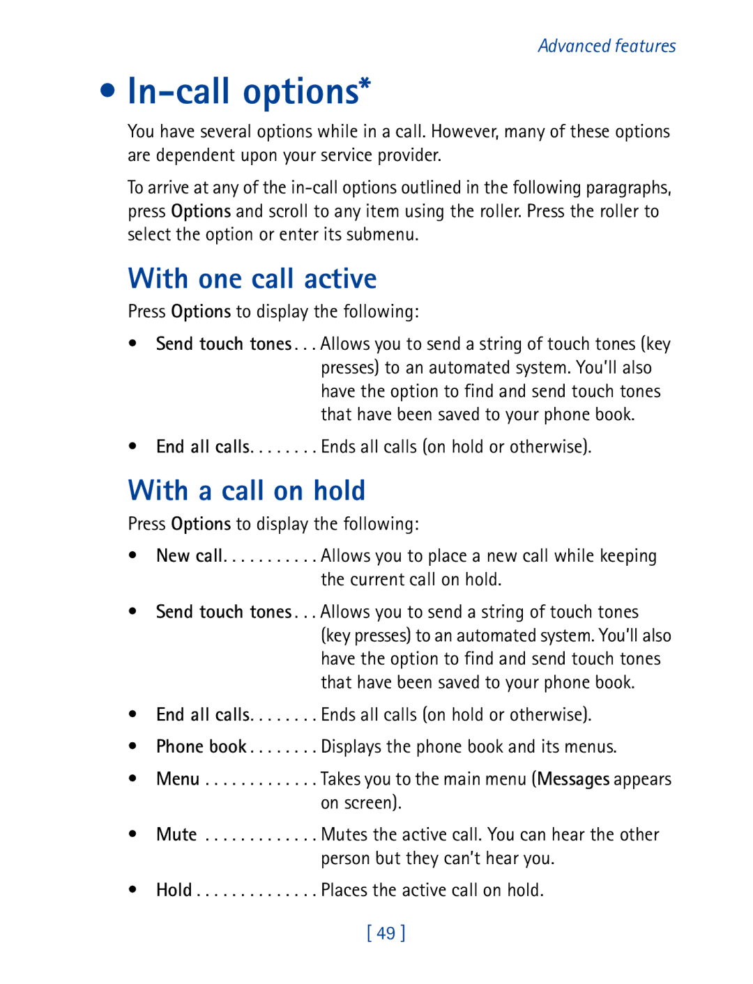 Nokia 7190 manual In-call options, With one call active, With a call on hold, Press Options to display the following 