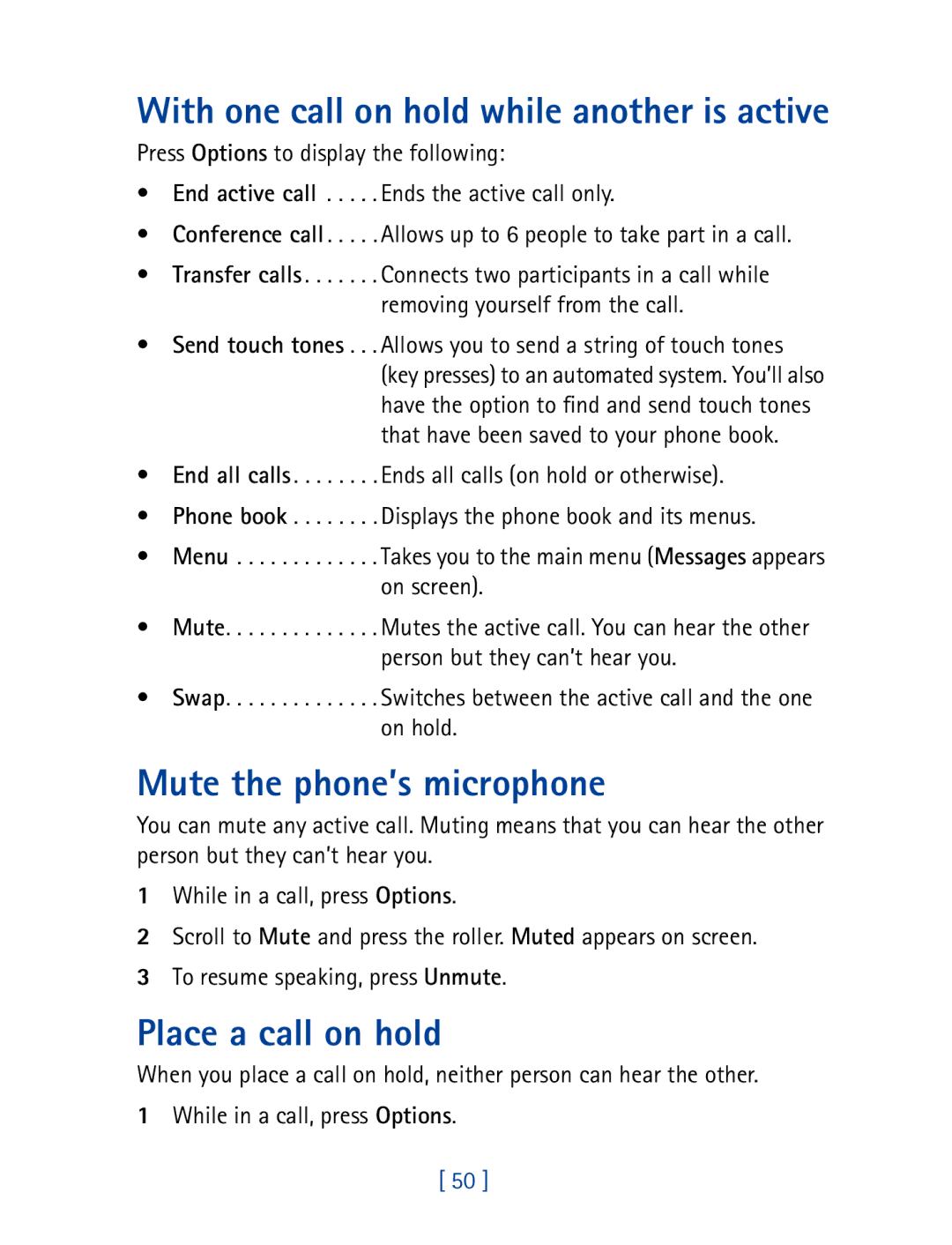 Nokia 7190 manual Mute the phone’s microphone, Place a call on hold 