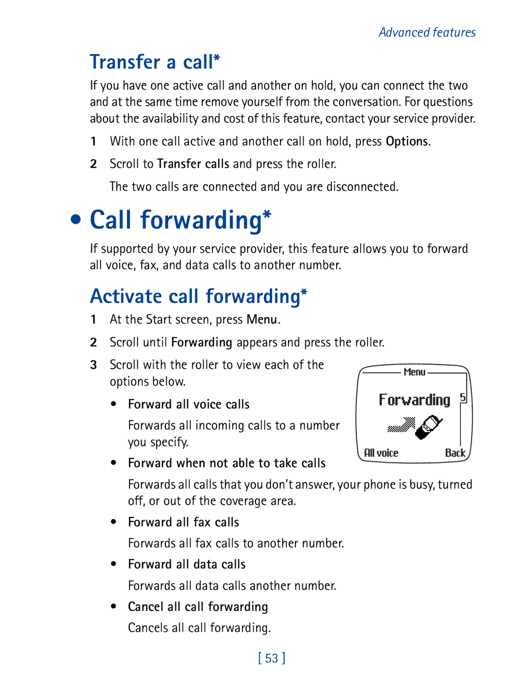 Nokia 7190 manual Call forwarding, Transfer a call, Activate call forwarding 