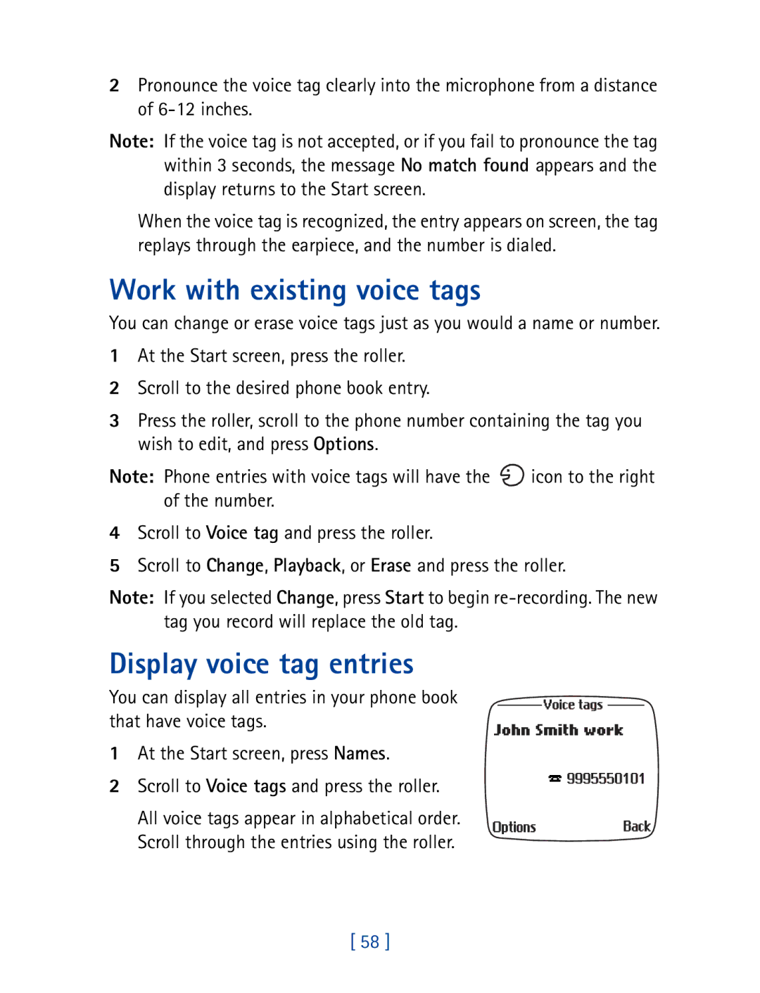 Nokia 7190 manual Work with existing voice tags, Display voice tag entries 