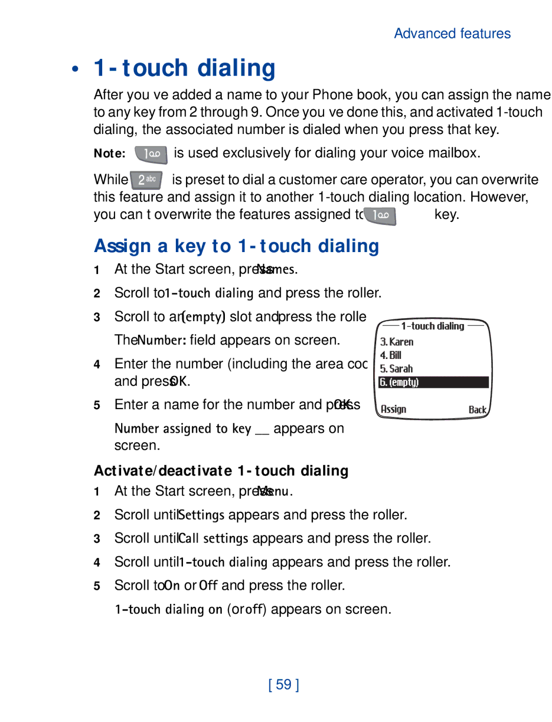 Nokia 7190 manual Touch dialing, Assign a key to 1-touch dialing, Activate/deactivate 1-touch dialing 