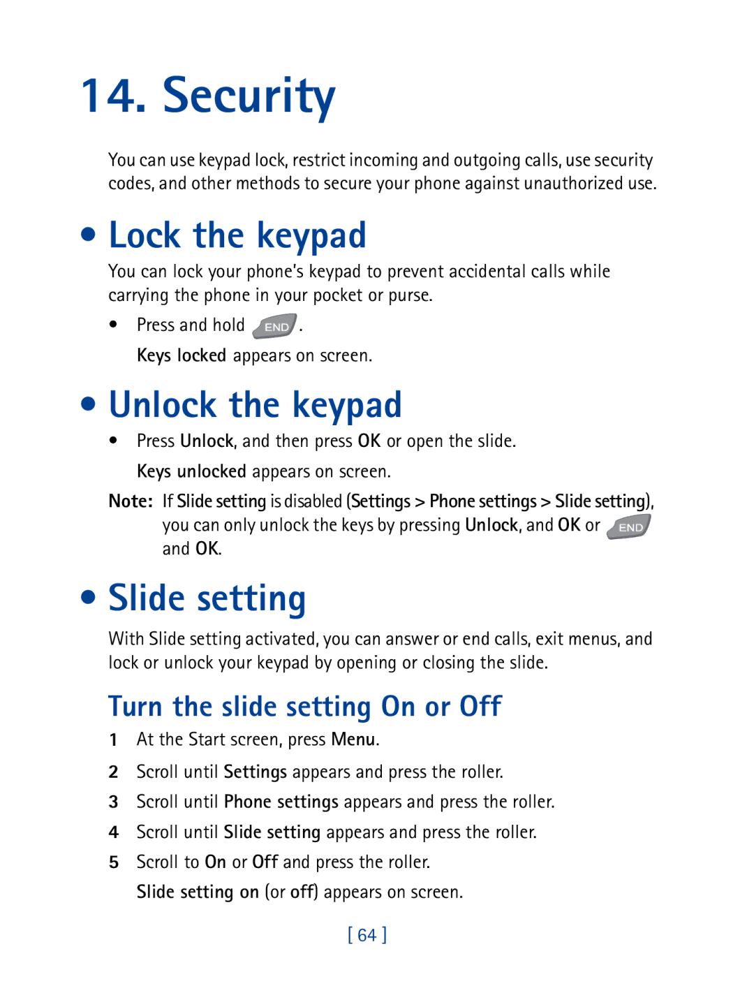 Nokia 7190 manual Security, Lock the keypad, Unlock the keypad, Slide setting, Turn the slide setting On or Off 