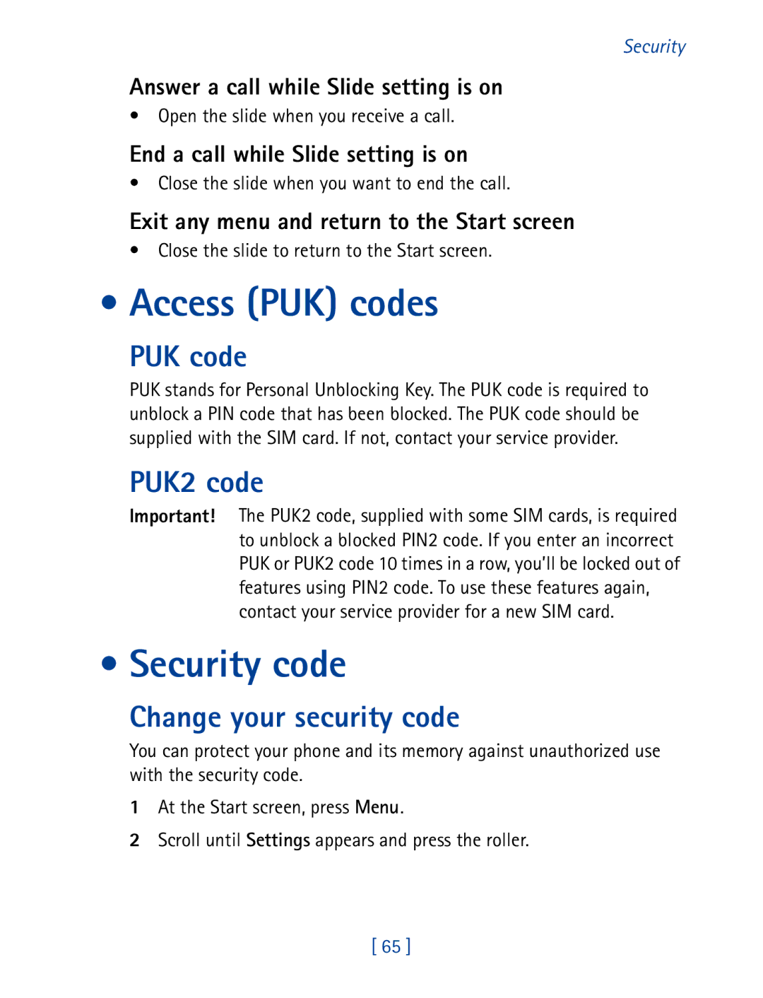 Nokia 7190 manual Access PUK codes, Security code, PUK2 code, Change your security code 