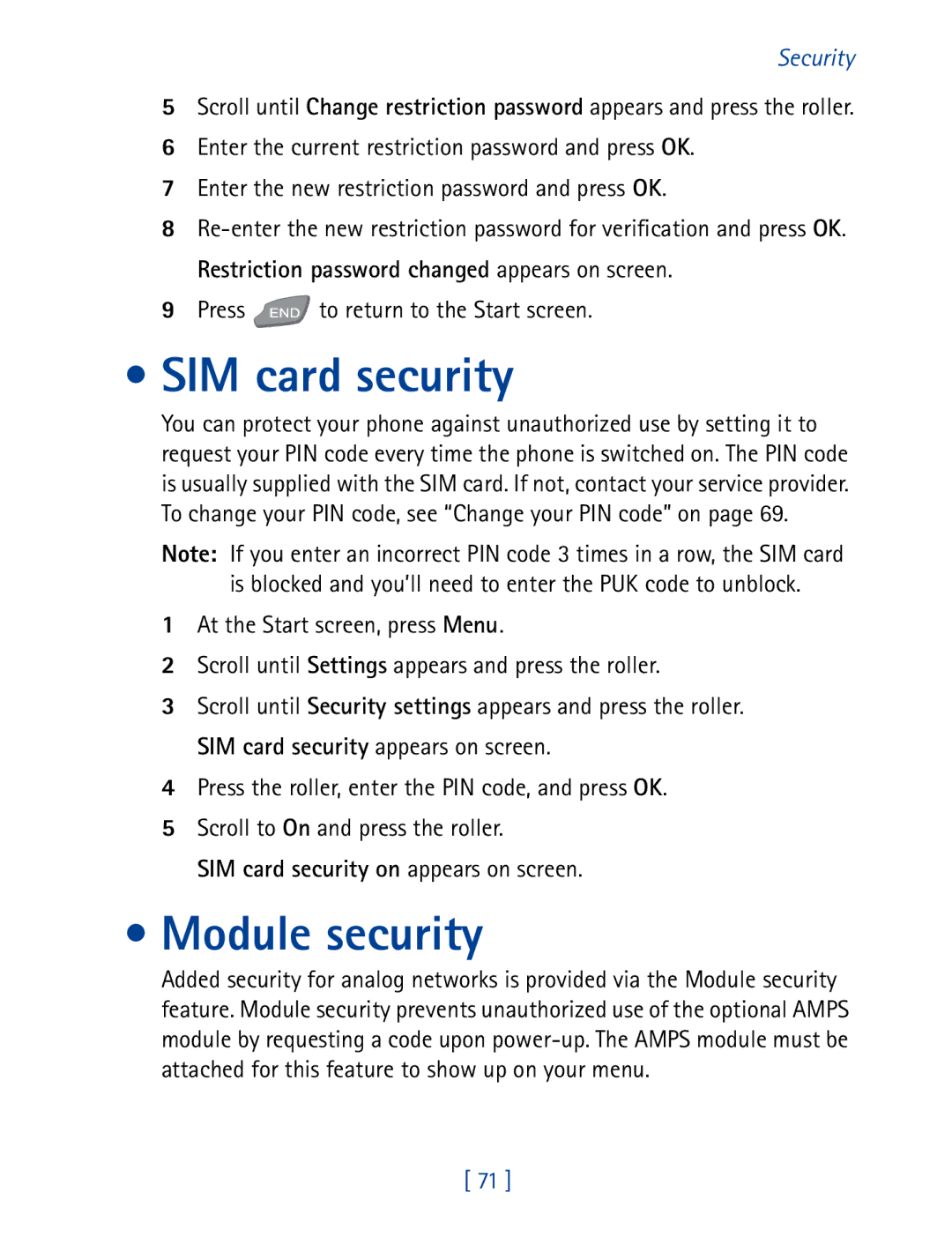 Nokia 7190 manual Module security, SIM card security on appears on screen 