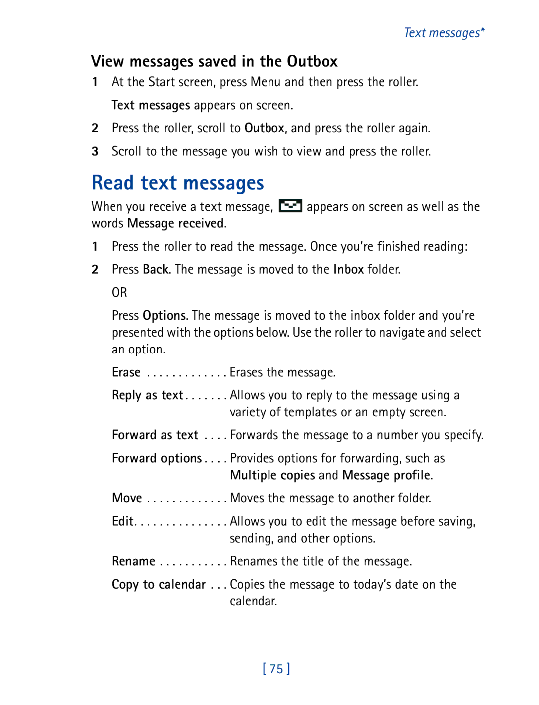 Nokia 7190 manual Read text messages, View messages saved in the Outbox 