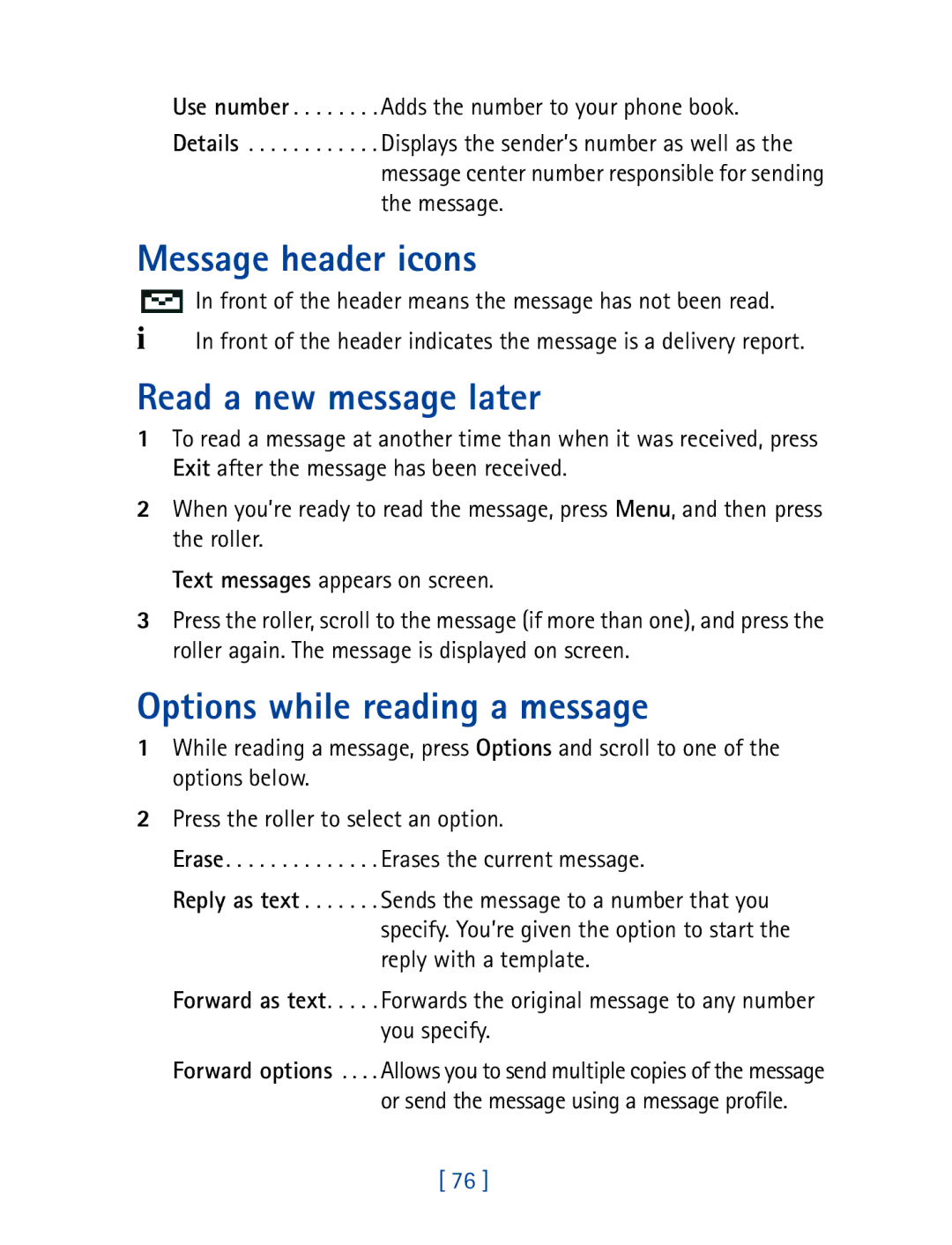 Nokia 7190 manual Message header icons, Read a new message later, Options while reading a message 