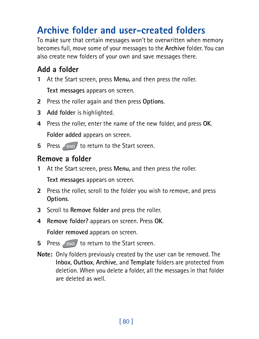 Nokia 7190 manual Archive folder and user-created folders, Add a folder, Remove a folder 