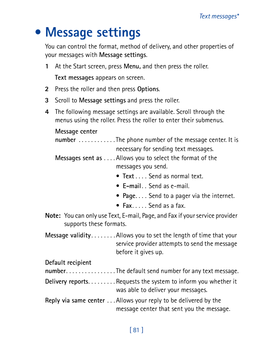 Nokia 7190 manual Message settings, Message center, Default recipient 