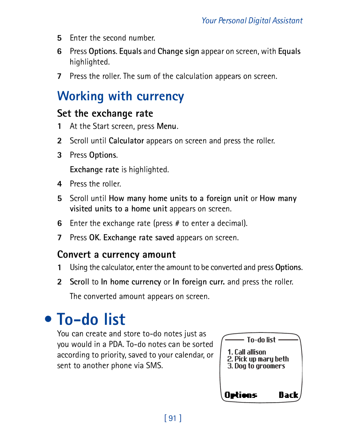 Nokia 7190 To-do list, Working with currency, Set the exchange rate, Convert a currency amount, Enter the second number 