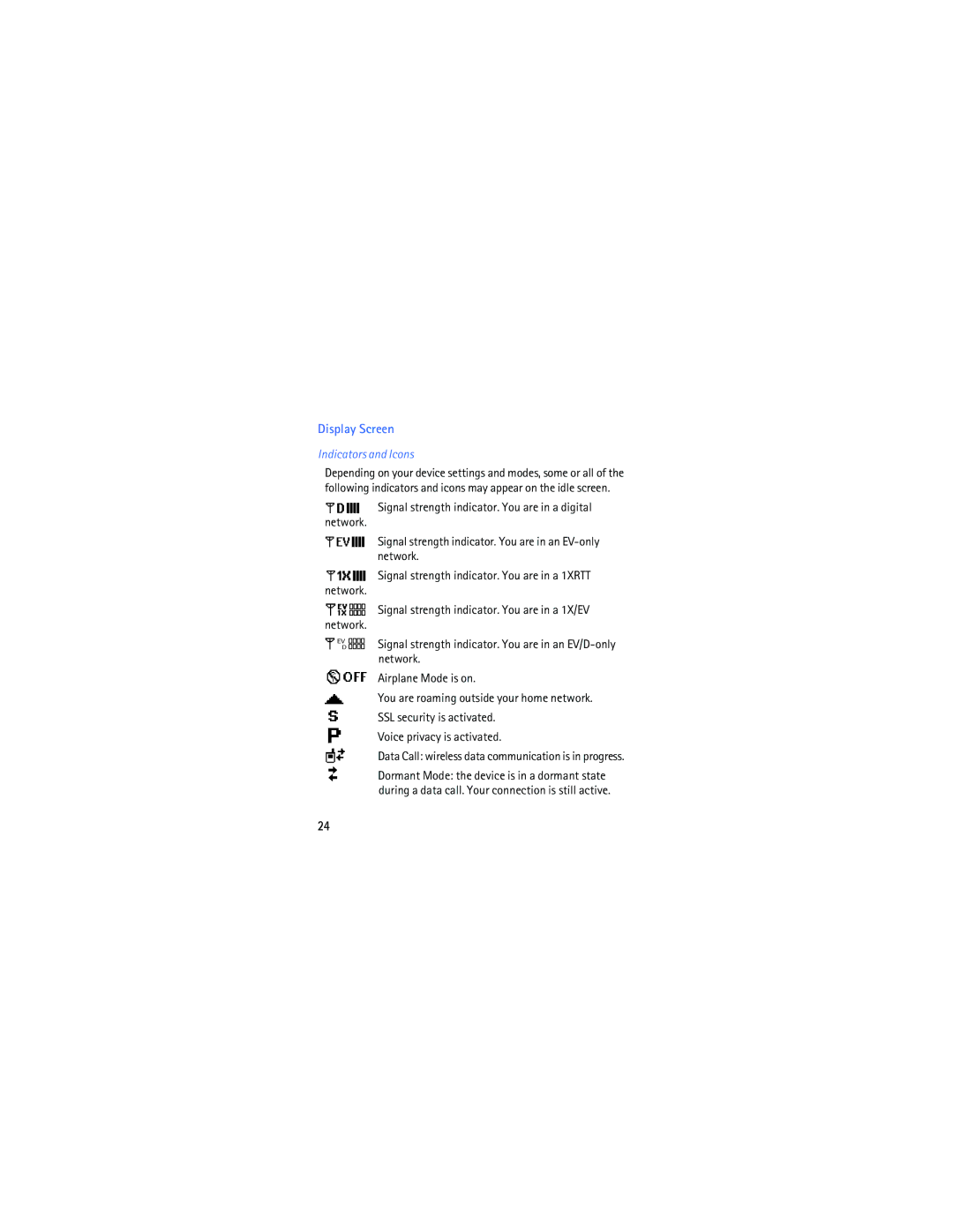 Nokia 7205 manual Display Screen, Indicators and Icons 