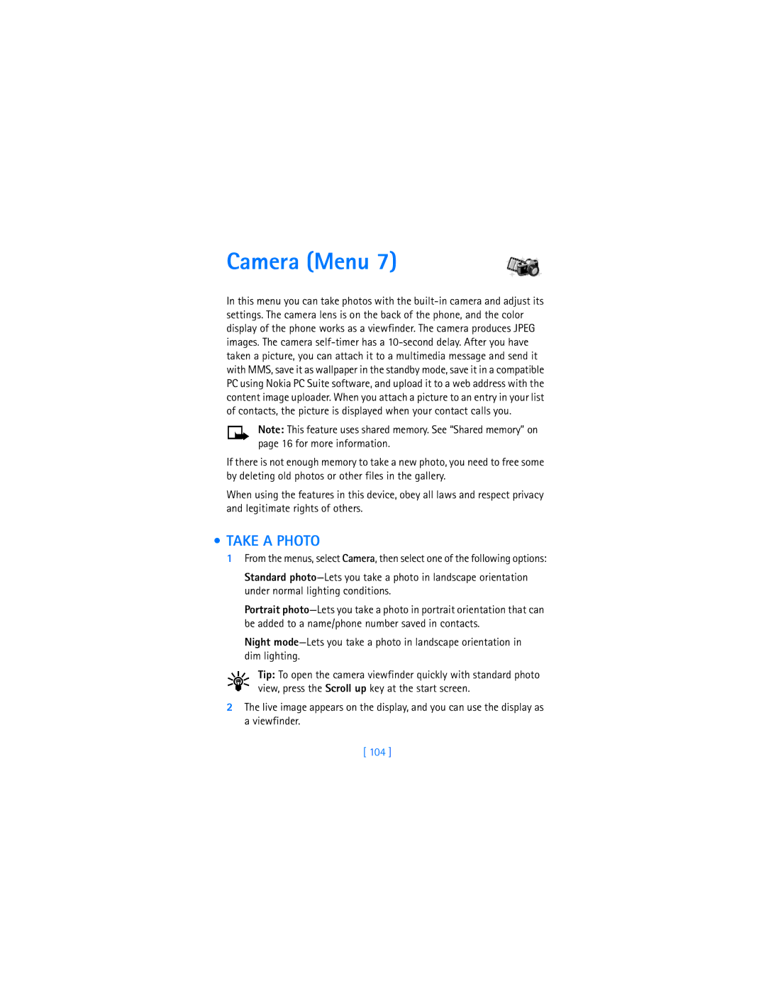 Nokia 7250i warranty Camera Menu, Take a Photo, 104 