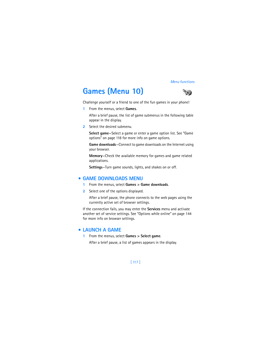 Nokia 7250i warranty Games Menu, Game Downloads Menu, Launch a Game, 117 