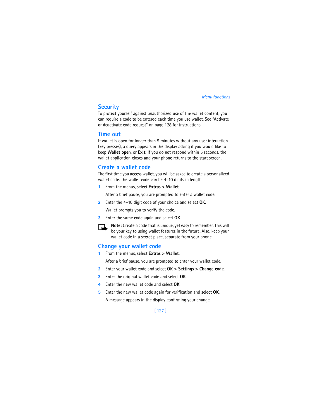 Nokia 7250i warranty Security, Time-out, Create a wallet code, Change your wallet code, 127 