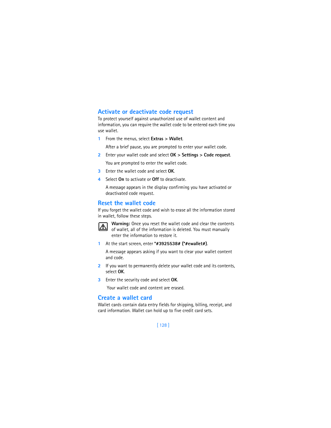 Nokia 7250i warranty Activate or deactivate code request, Reset the wallet code, Create a wallet card, 128 