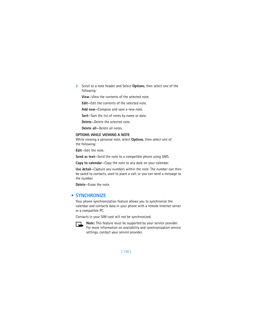 Nokia 7250i warranty Synchronize, Options While Viewing a Note, 130 