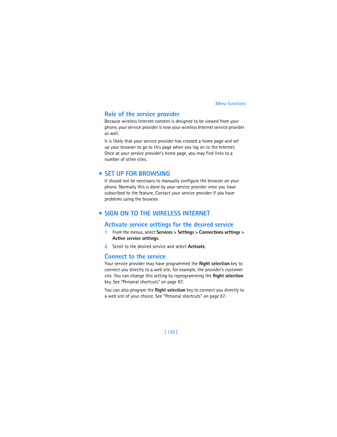 Nokia 7250i warranty Role of the service provider, SET UP for Browsing, Connect to the service, 139 