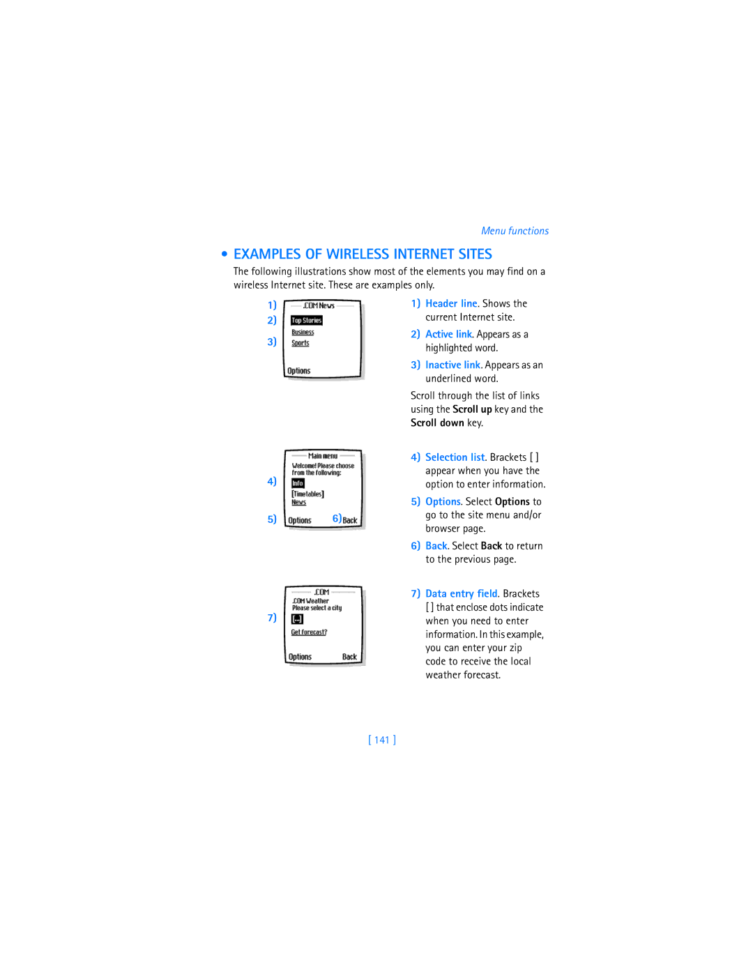 Nokia 7250i warranty Examples of Wireless Internet Sites, 141 