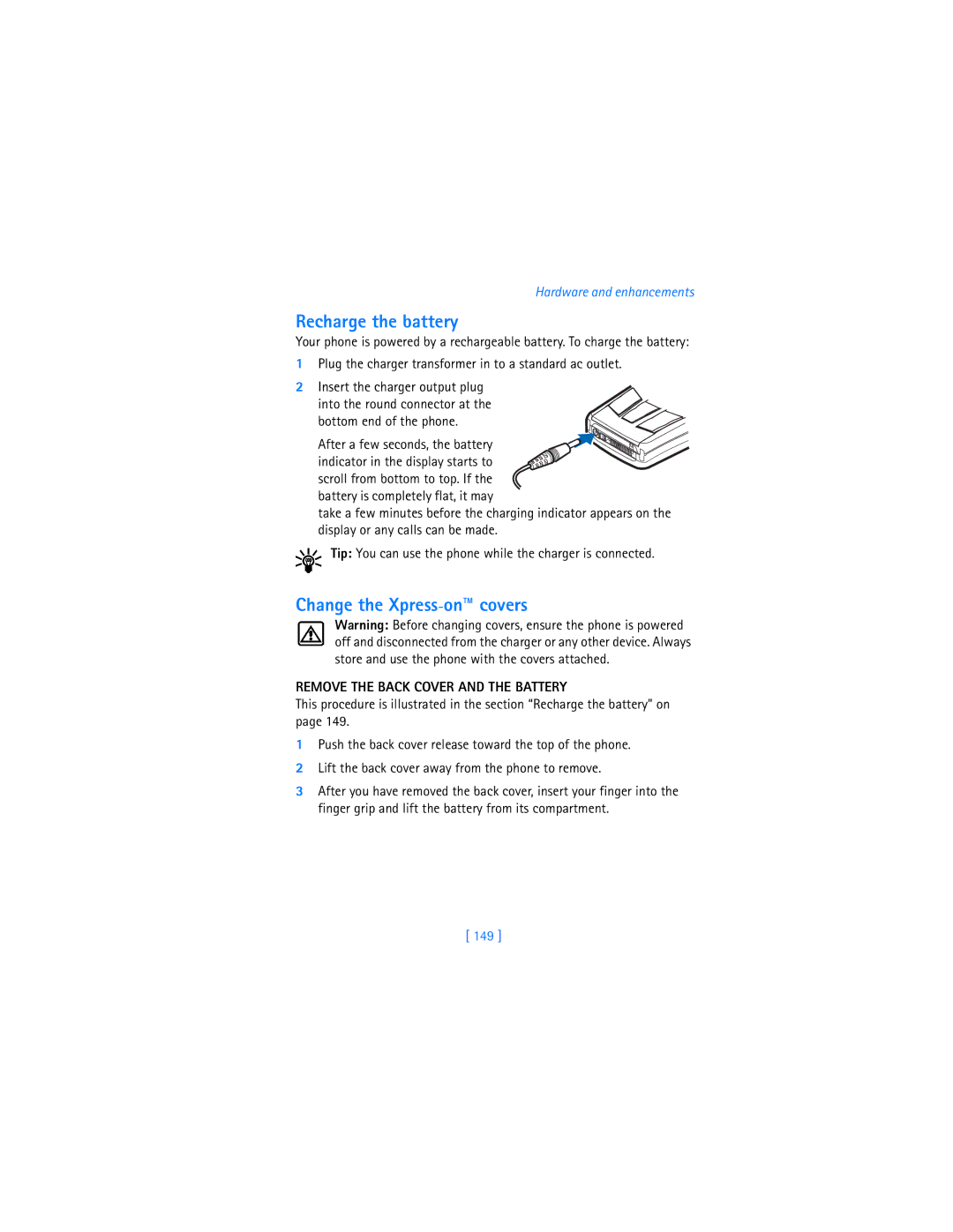 Nokia 7250i warranty Recharge the battery, Change the Xpress-on covers, Remove the Back Cover and the Battery, 149 