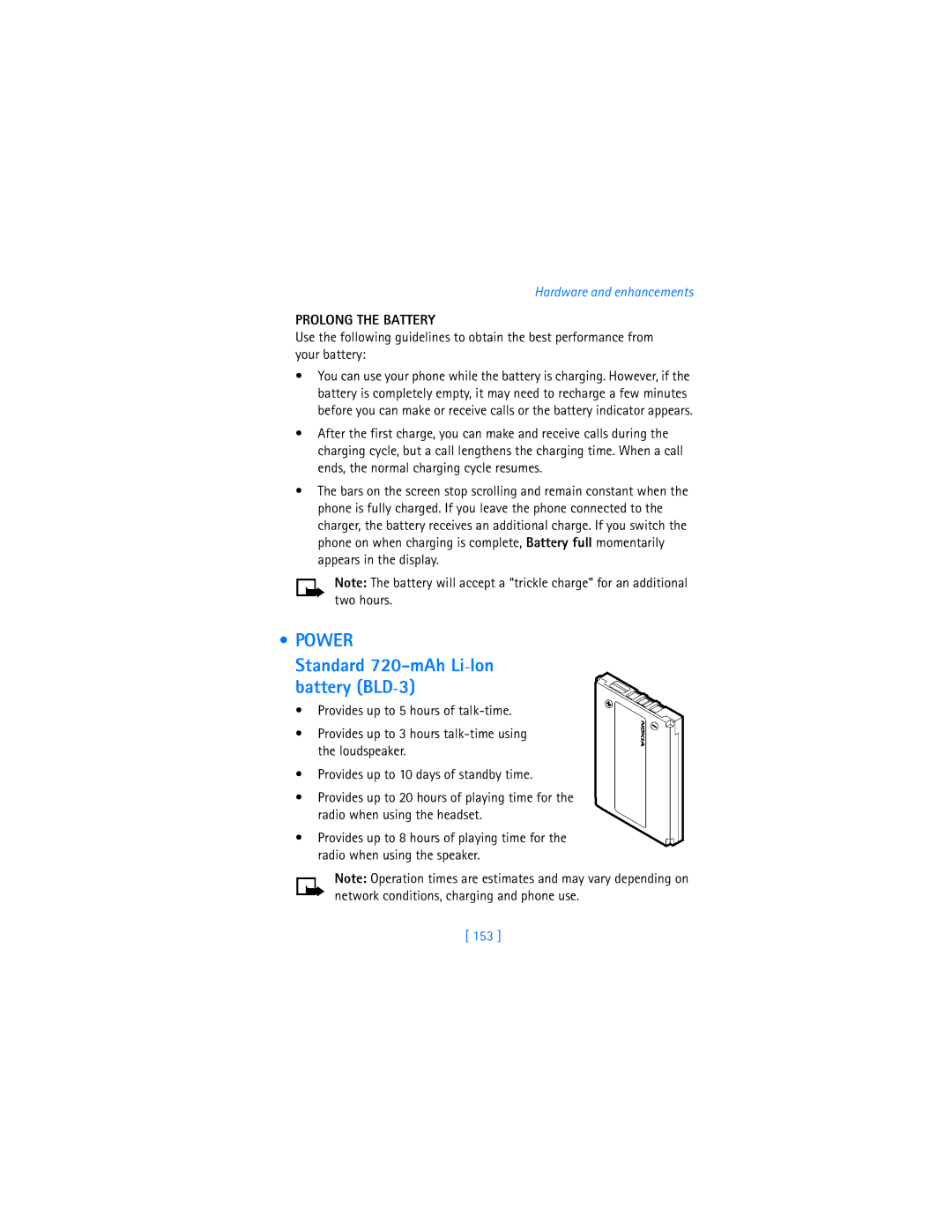 Nokia 7250i warranty Power, Standard 720-mAh Li-Ion battery BLD-3, Prolong the Battery, 153 