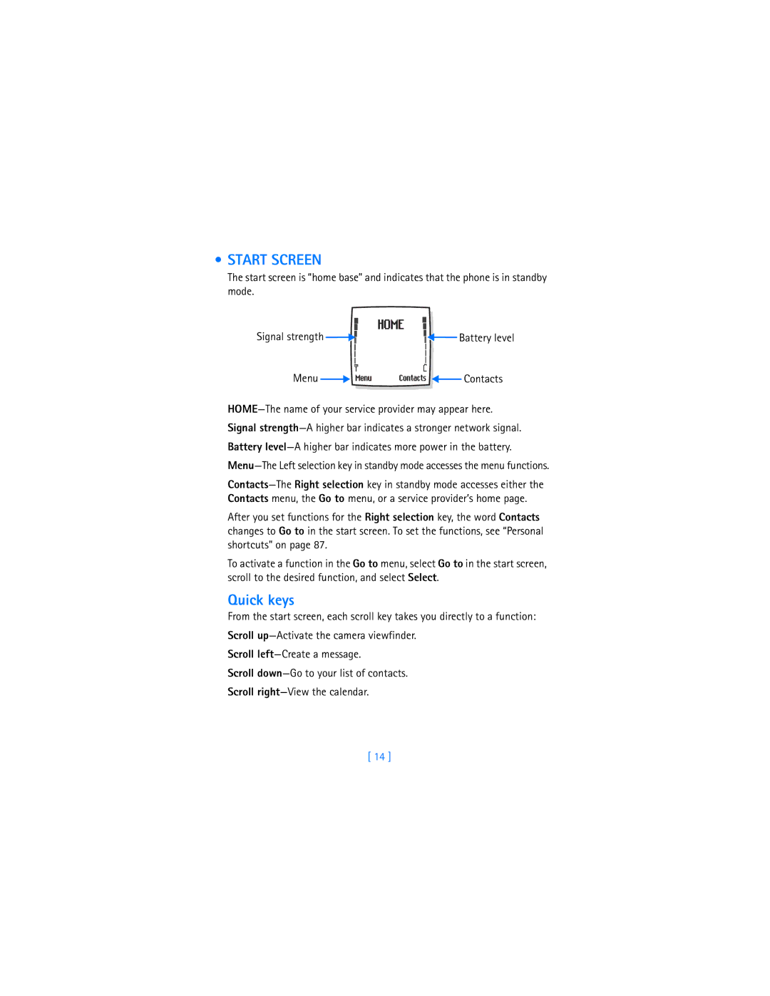 Nokia 7250i warranty Start Screen, Quick keys 