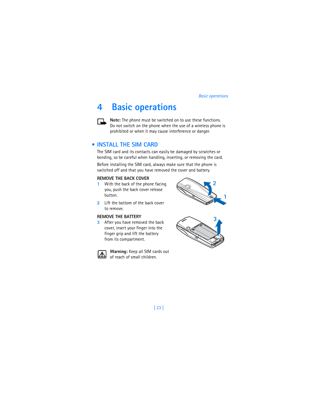 Nokia 7250i warranty Basic operations, Install the SIM Card, Remove the Back Cover, Remove the Battery 