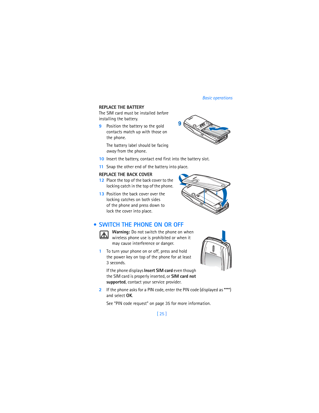 Nokia 7250i warranty Switch the Phone on or OFF, Replace the Battery, Replace the Back Cover 