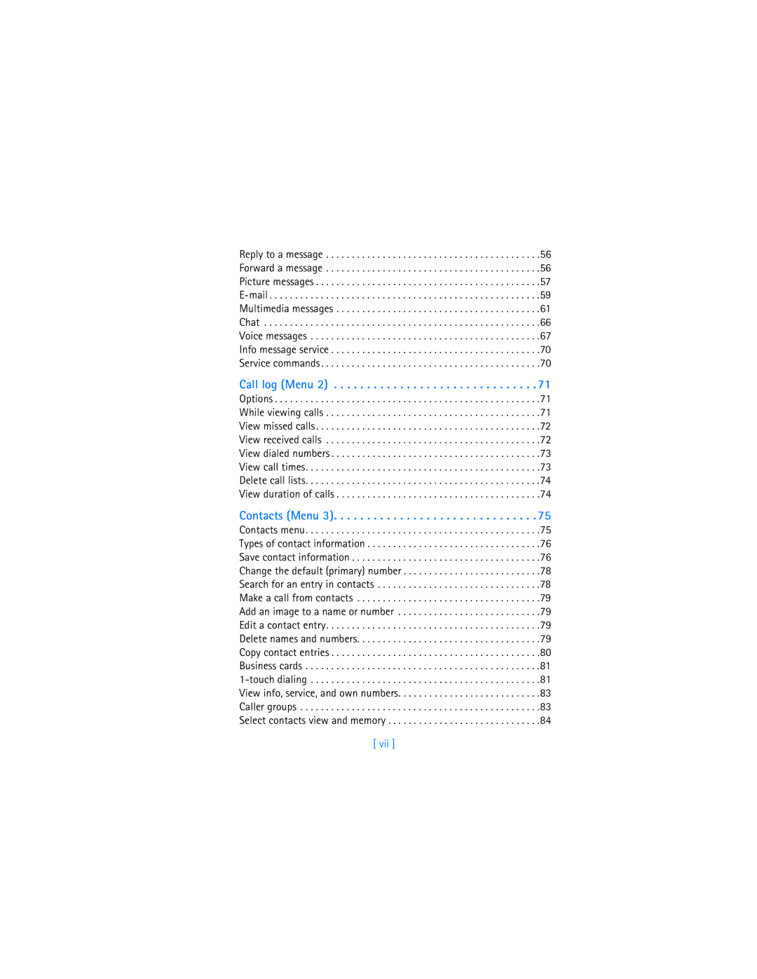 Nokia 7250i warranty Call log Menu 2, Vii 