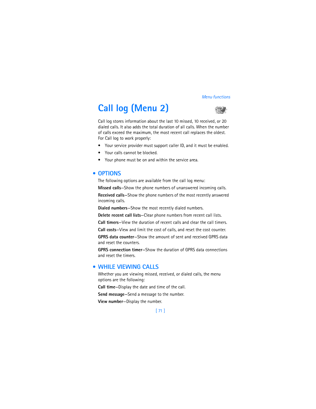 Nokia 7250i warranty Call log Menu, While Viewing Calls 