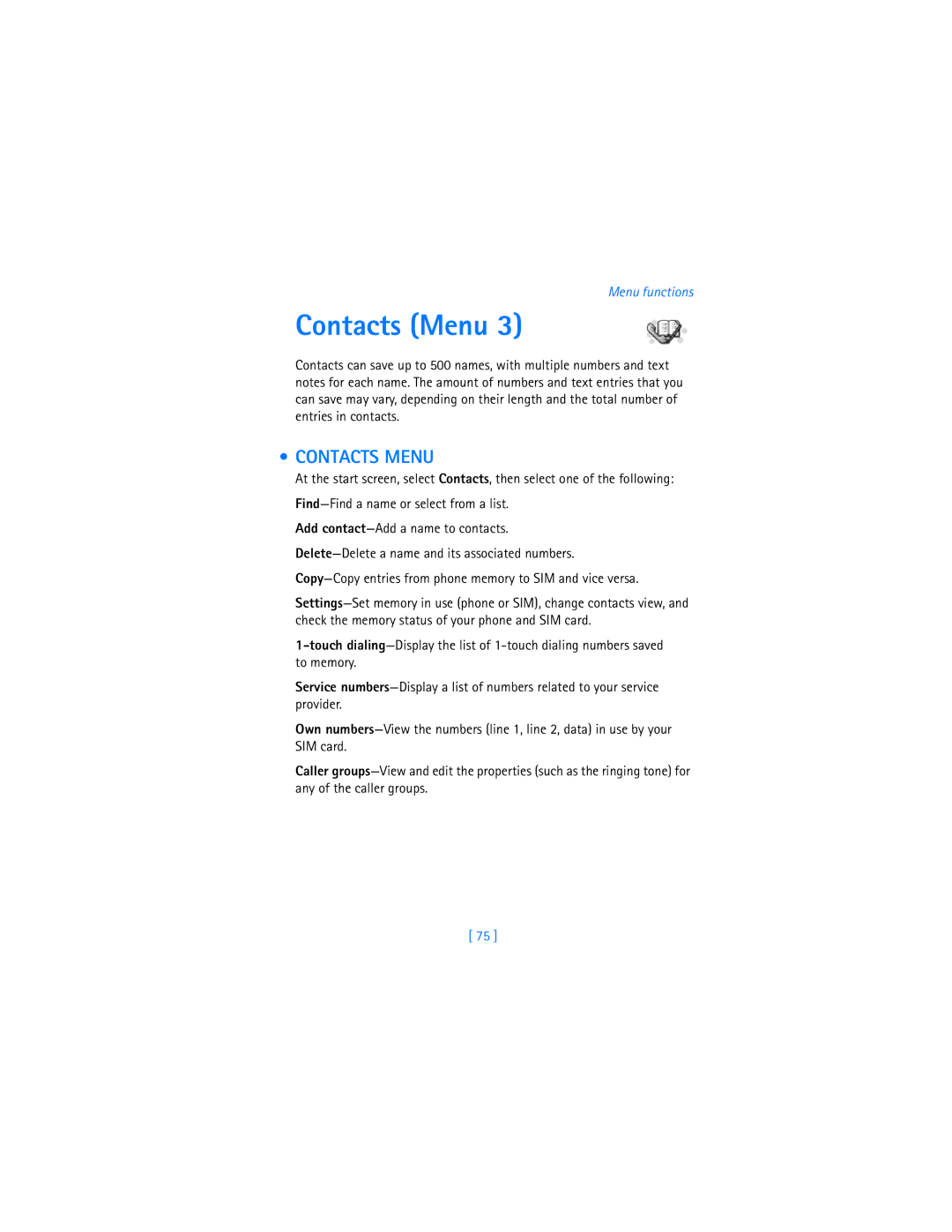 Nokia 7250i warranty Contacts Menu 