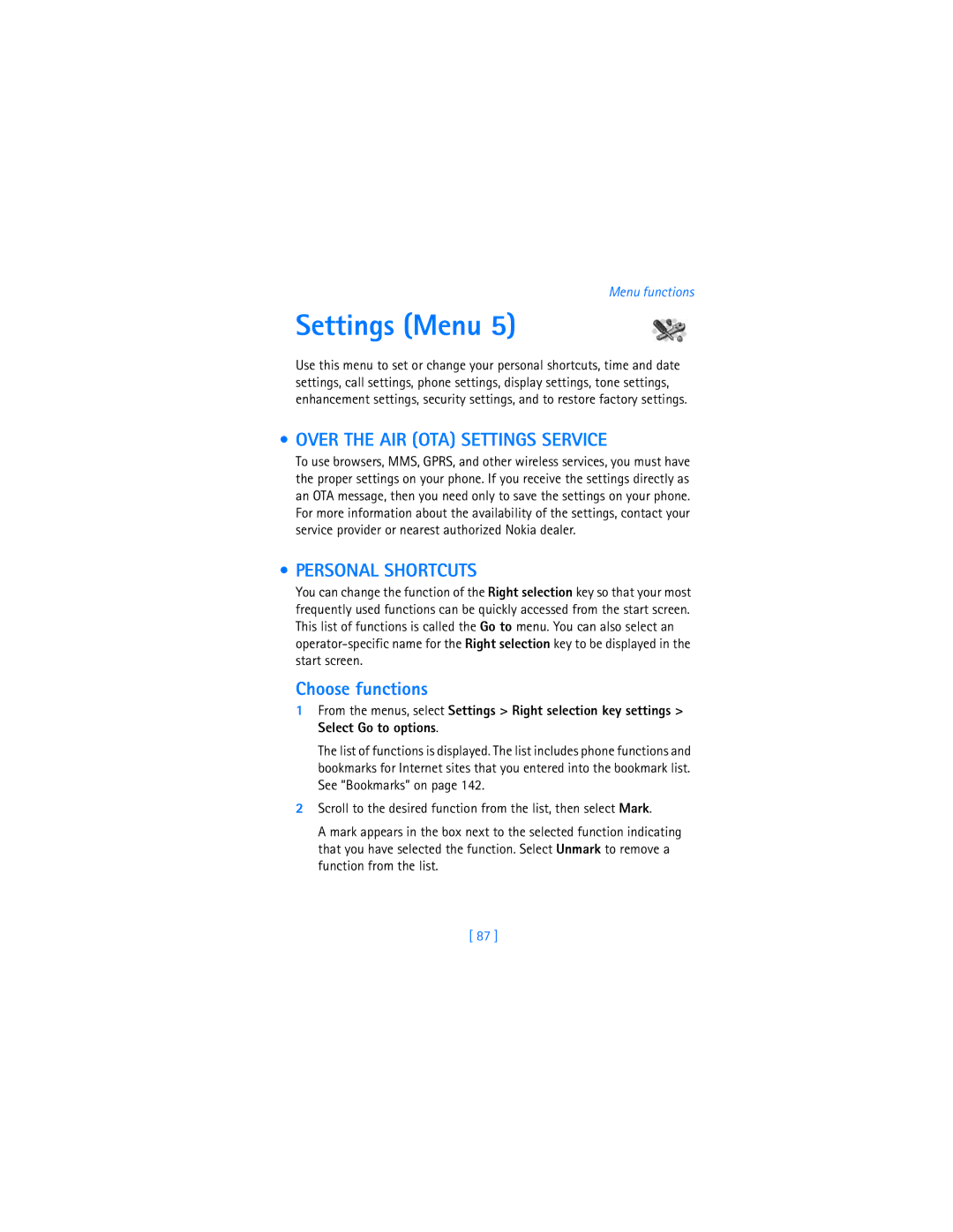 Nokia 7250i warranty Settings Menu, Over the AIR OTA Settings Service, Personal Shortcuts, Choose functions 