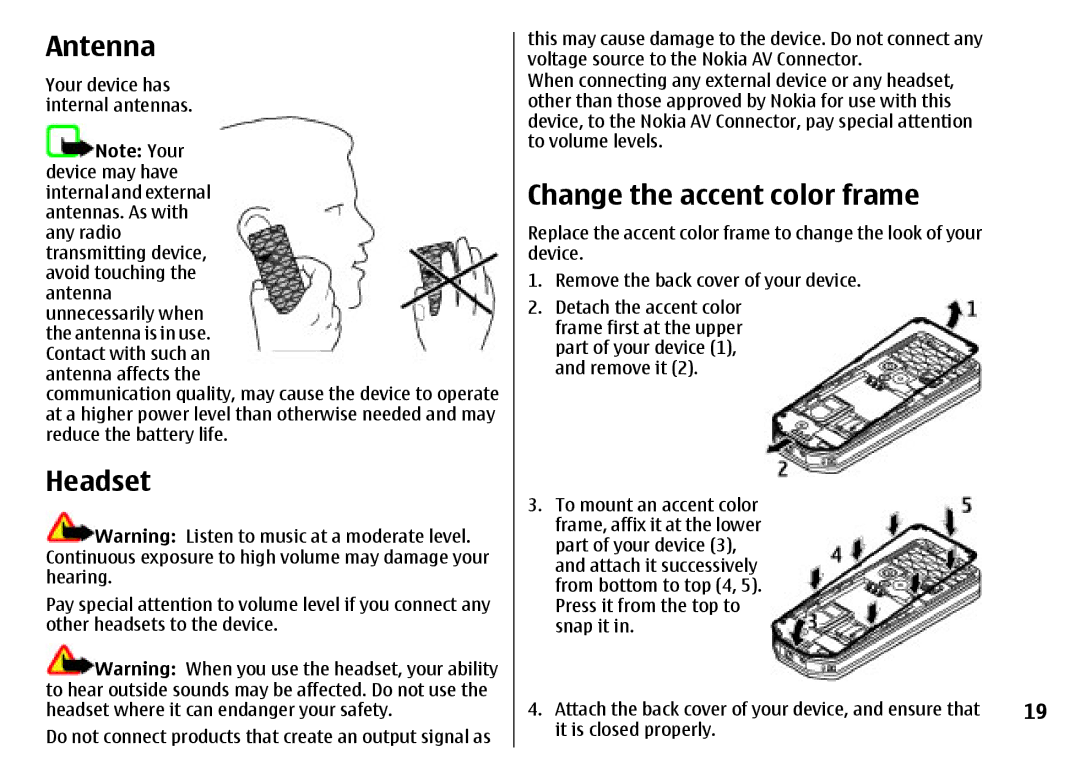 Nokia 7500 Prism manual Antenna, Headset, Change the accent color frame 