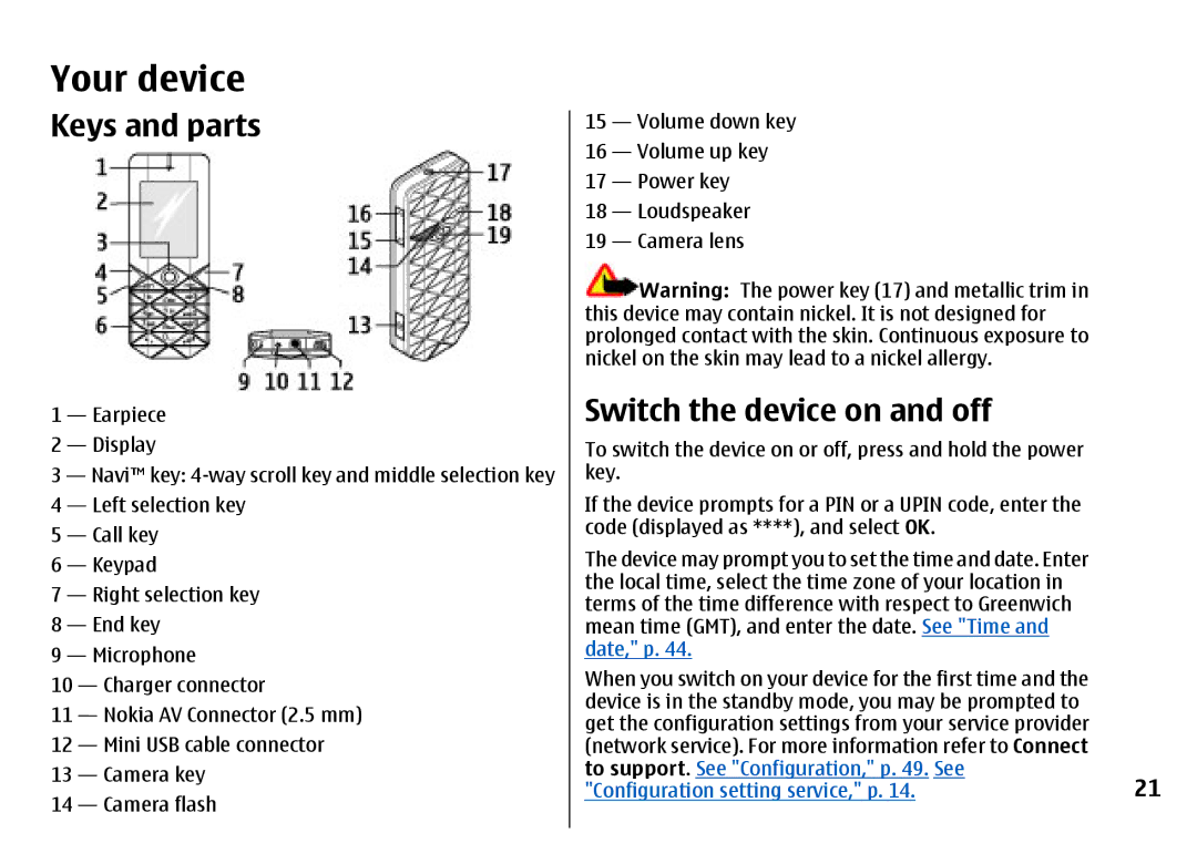 Nokia 7500 Prism manual Your device, Keys and parts, Switch the device on and off 